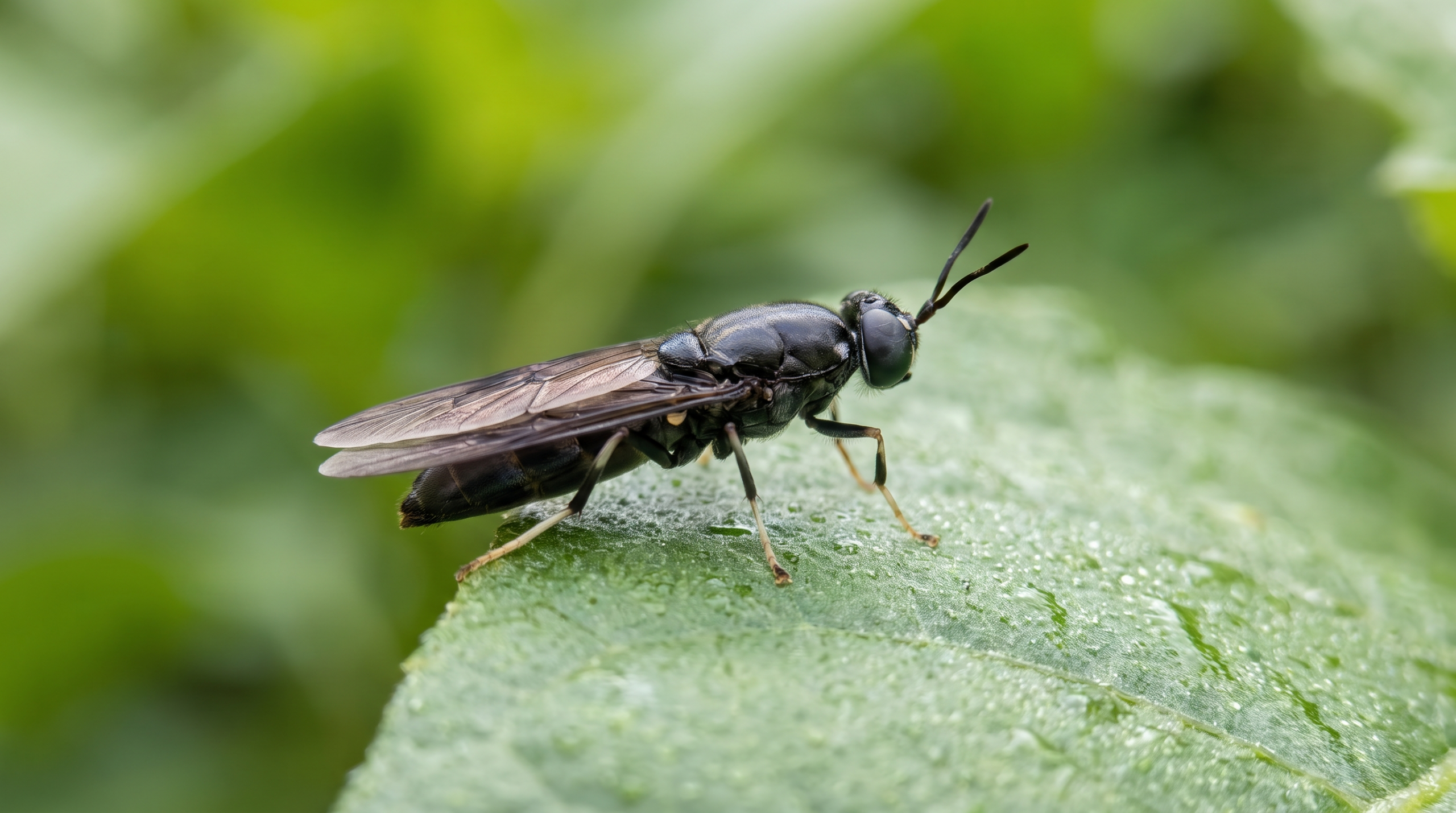 Mouche soldat noire adulte (Hermetia illucens) posee au calme sur une feuille verte, gros plan macro, insecte inoffensif