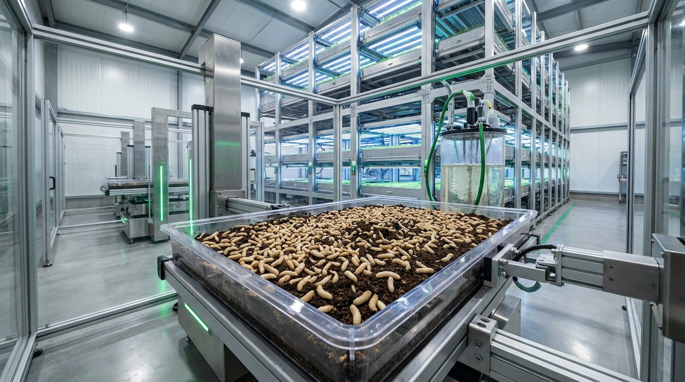 Élevage industriel de larves de mouche soldat noire chez un producteur français de protéines d'insectes