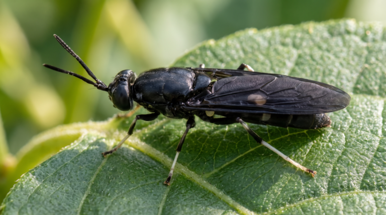 Mouche soldat noire adulte (Hermetia illucens) posee sur une feuille verte, gros plan macro pour identification, corps noir allonge