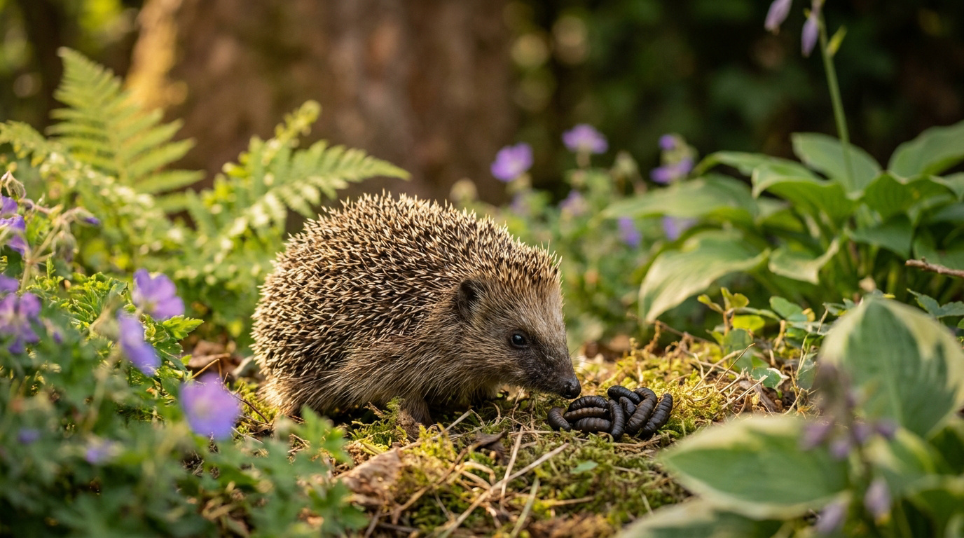 Hérisson de jardin s'approchant de larves de mouche déposées dans l'herbe le soir