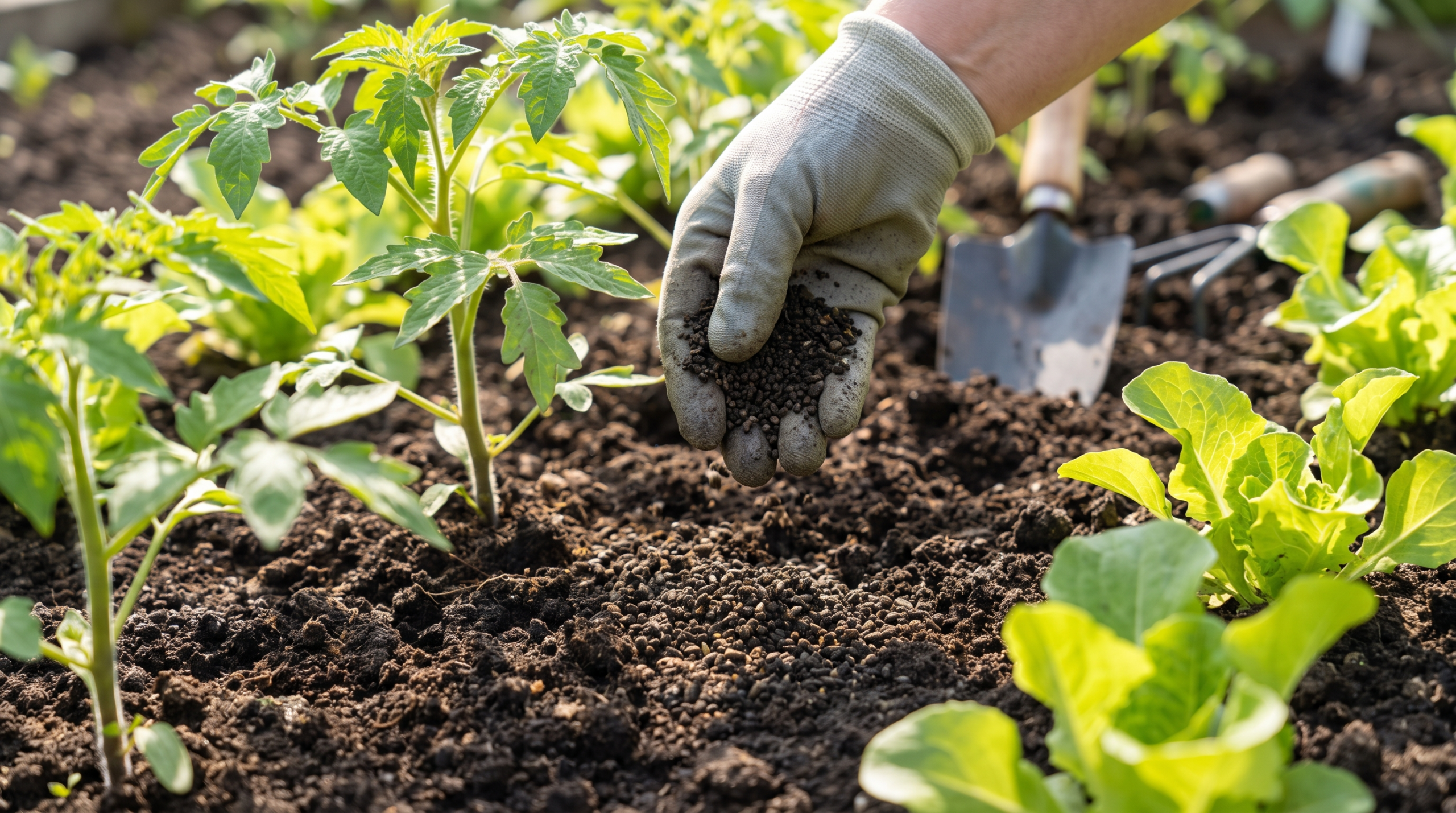 Poignee de frass, engrais organique issu des larves de mouche soldat noire, epandue au pied de plants de legumes verts dans un potager ensoleille, terre brune, palette verte