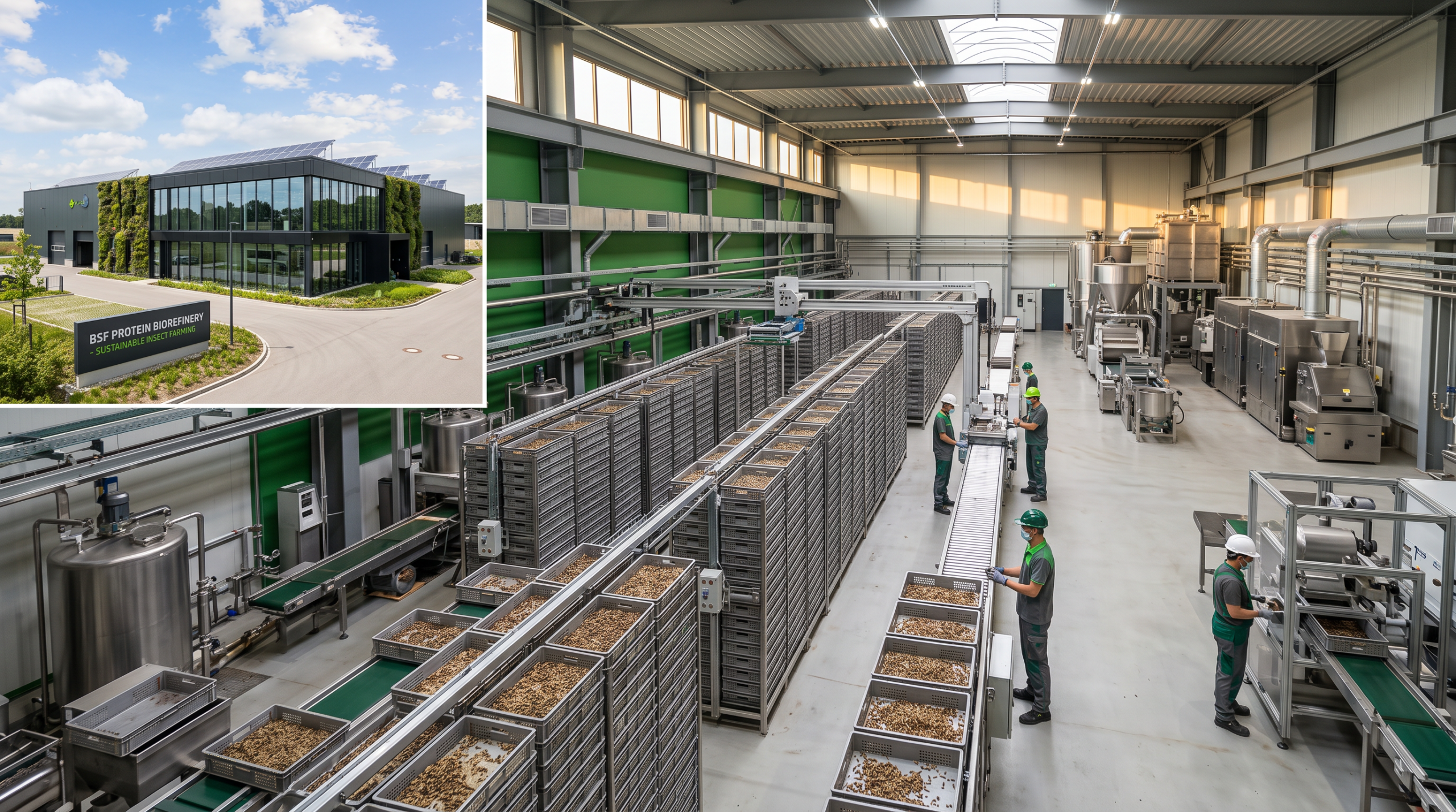 Site industriel moderne de production de proteines de mouche soldat noire (BSF), usine agroalimentaire verte type Agronutris a Rethel dans les Ardennes