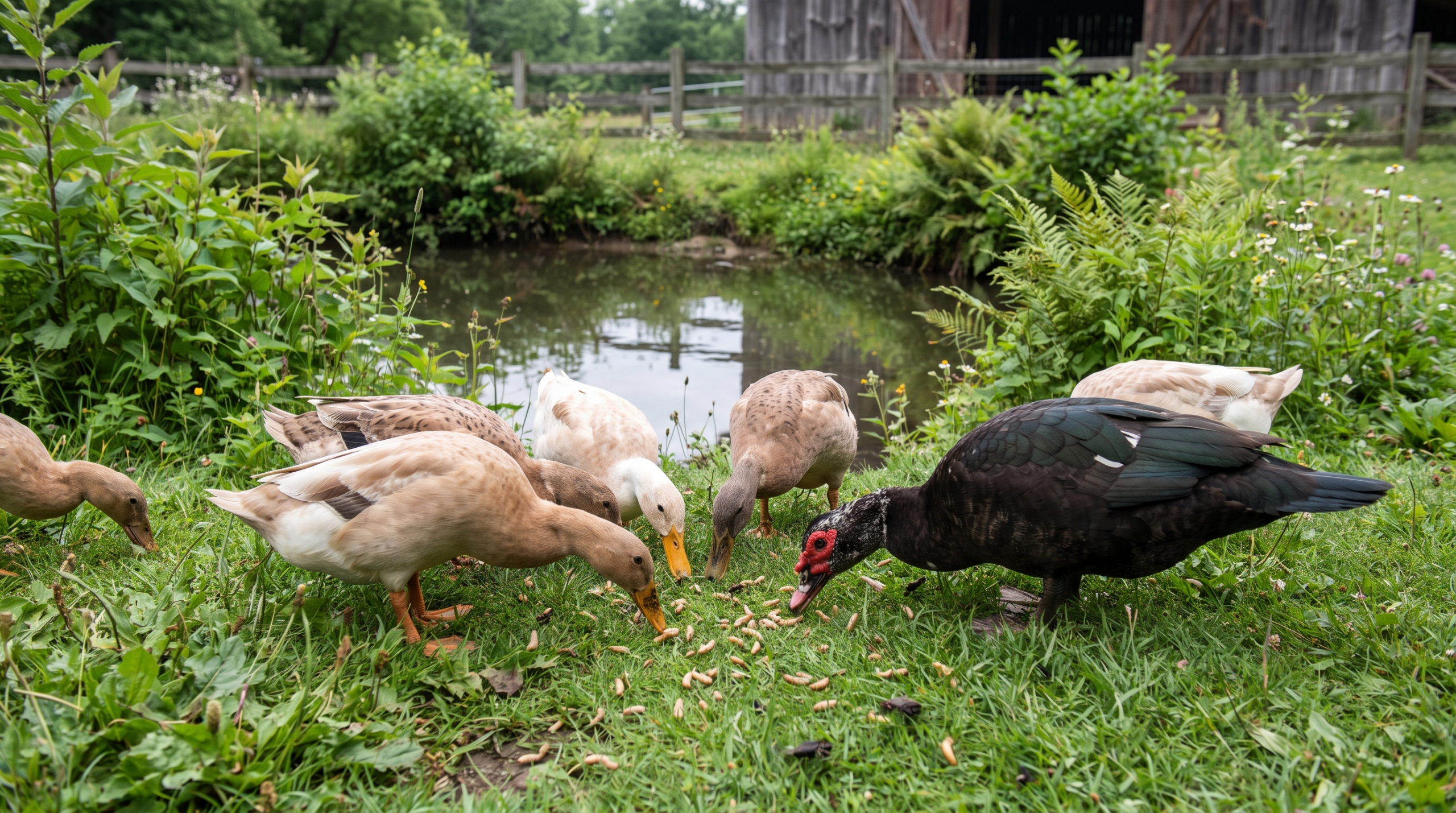 Canards de basse-cour (coureurs indiens et canard de Barbarie) se nourrissant de larves de mouche sur l'herbe verte pres d'une mare