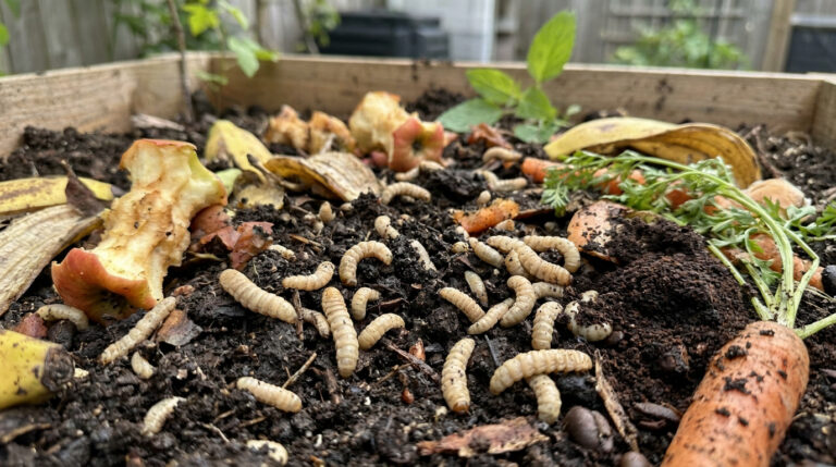 Déchets de cuisine acceptés déposés sur des larves de mouche soldat noire dans un composteur