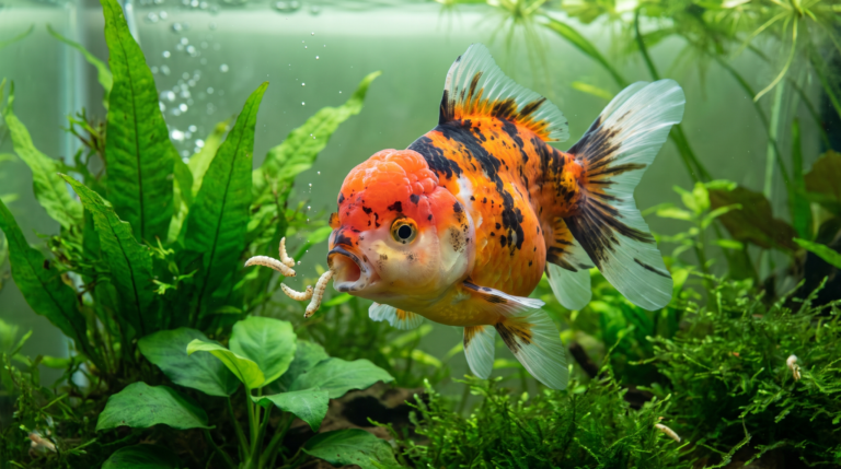 Poisson d'aquarium ornemental colore se nourrissant de larves d'insectes dans un bac plante aux tons verts