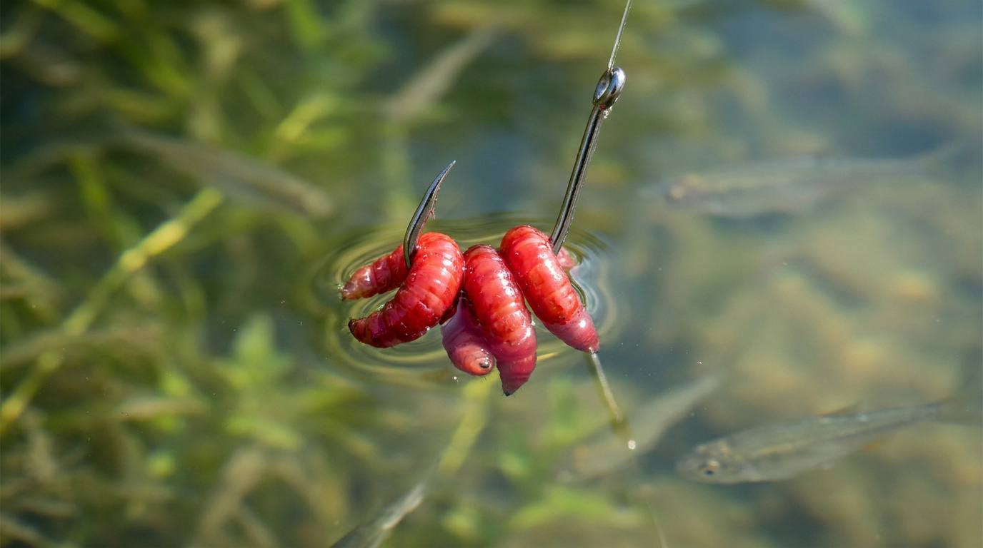 Asticots rouges colorés sur un hameçon, appât de pêche au coup pour poissons blancs
