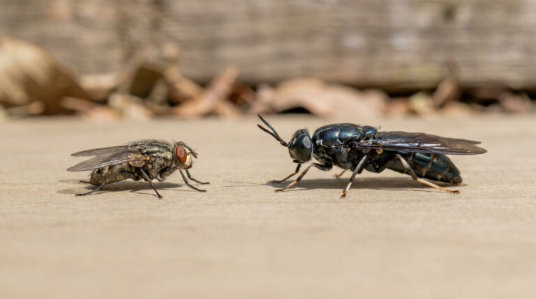 Comparaison entre une mouche domestique grise et une mouche soldat noire élancée