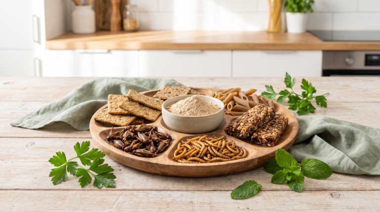 Assiette d'insectes comestibles pour l'alimentation humaine : criquets et vers de farine roti avec barres proteinees et farine d'insectes, palette verte, photo editoriale