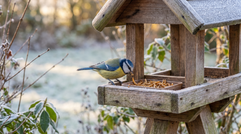 Mesange bleue sur une mangeoire de jardin en hiver mangeant des larves d'insectes sechees, fond givre et feuillage vert