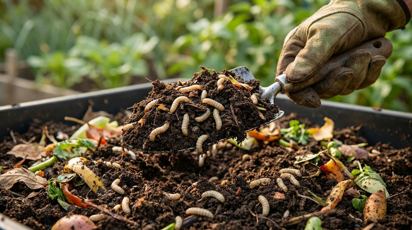 Larves de mouche soldat noire dans un composteur de déchets alimentaires