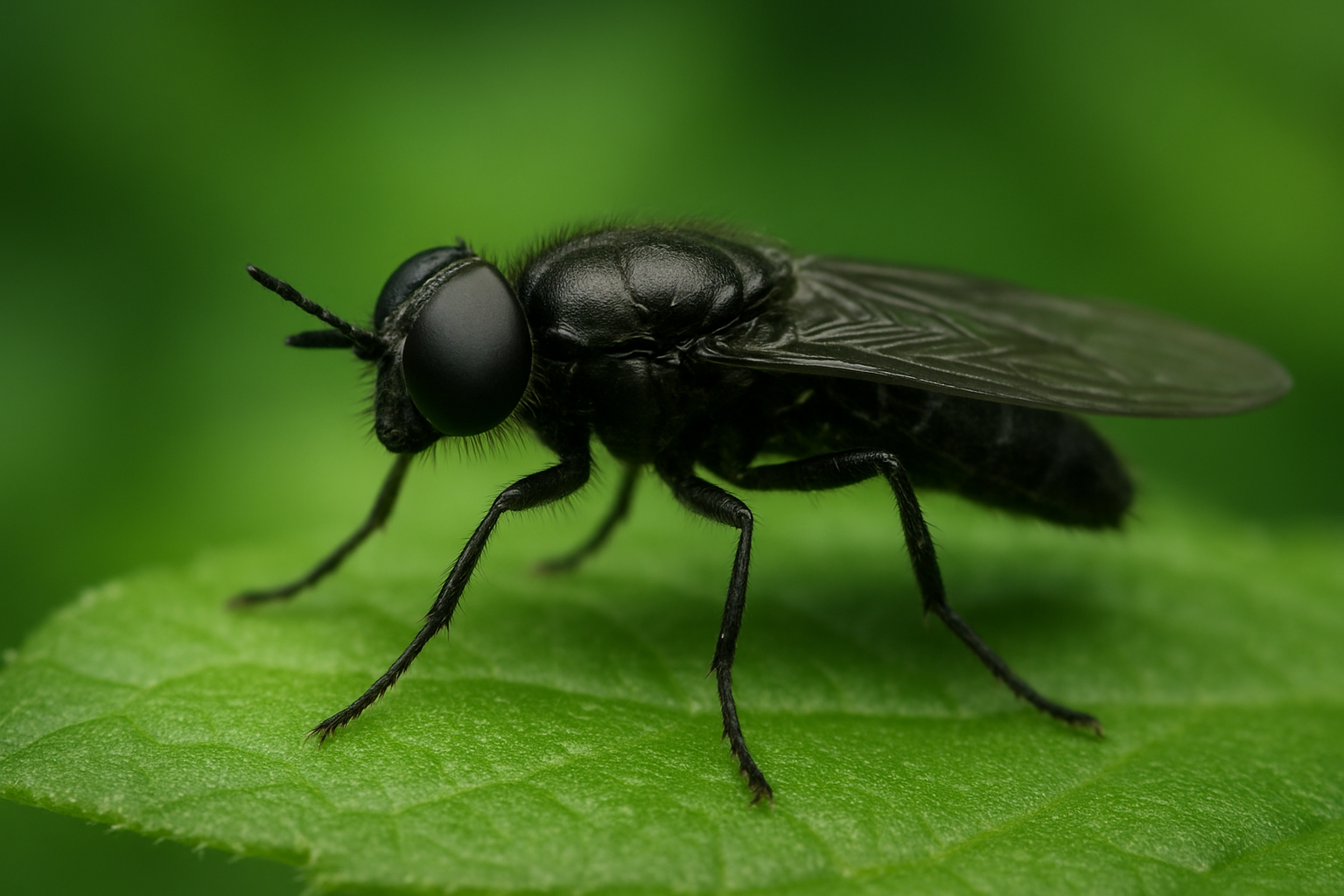 Mouche soldat noire adulte inoffensive posee sur une feuille verte, gros plan macro montrant l'absence de dard