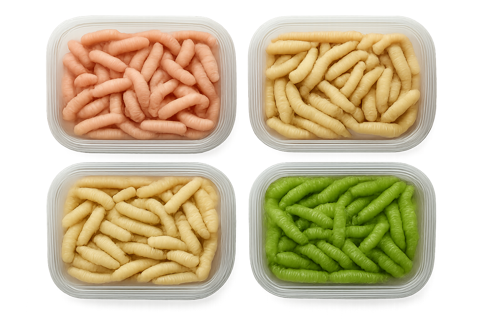 Différents appâts asticots pour la pêche dans des boîtes : pinkies, gozzers et casters, palette verte