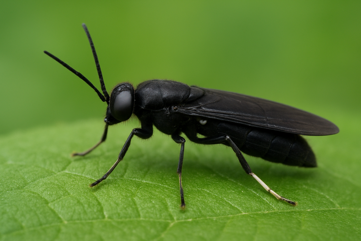 Criteres d'identification d'une mouche soldat noire adulte : corps noir allonge, longues antennes, fenetres translucides sur l'abdomen et bout des pattes blanchatre