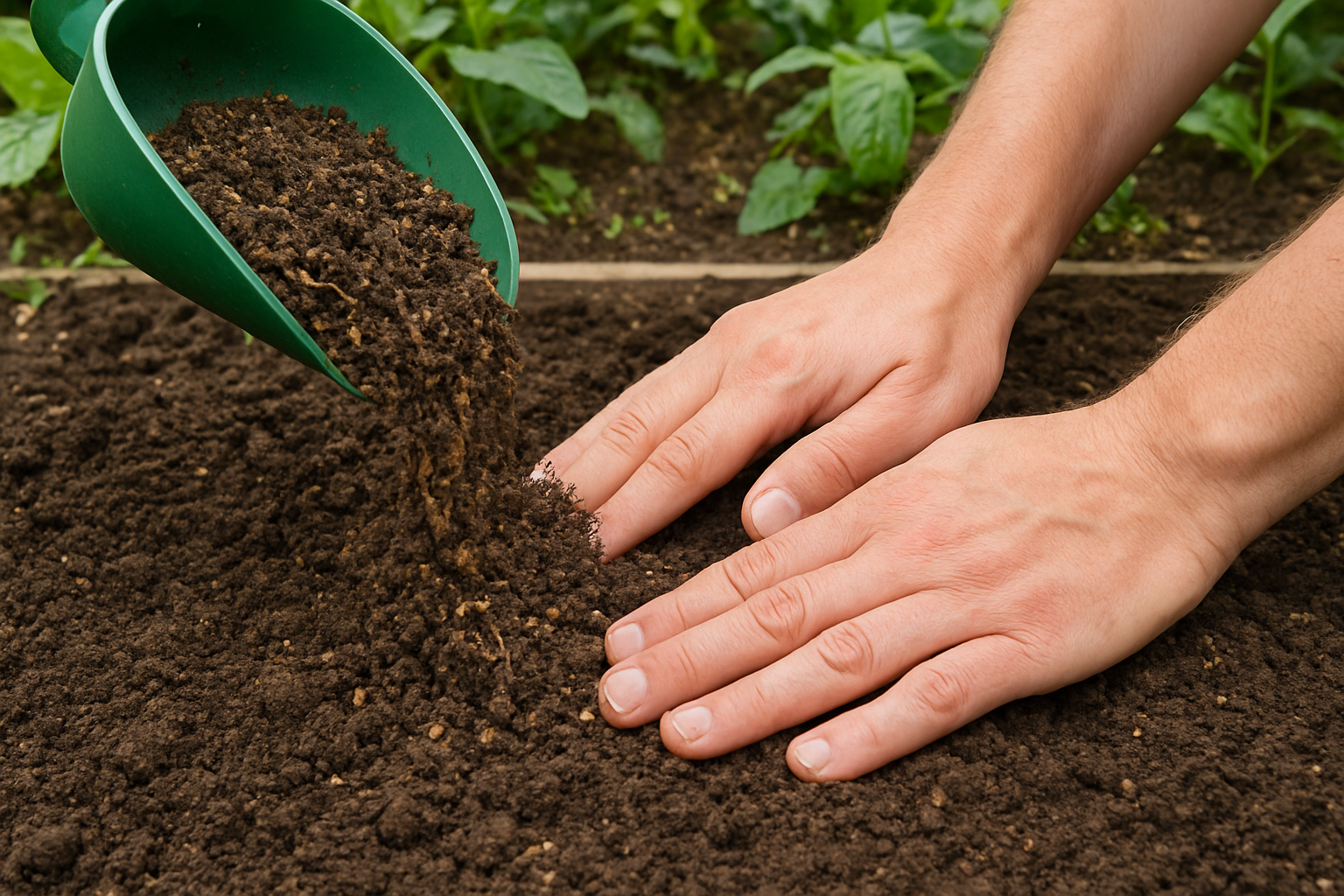 Application de frass, engrais issu des larves de mouche soldat noire, au pied de jeunes plants de legumes dans un potager, mains et terreau, palette verte