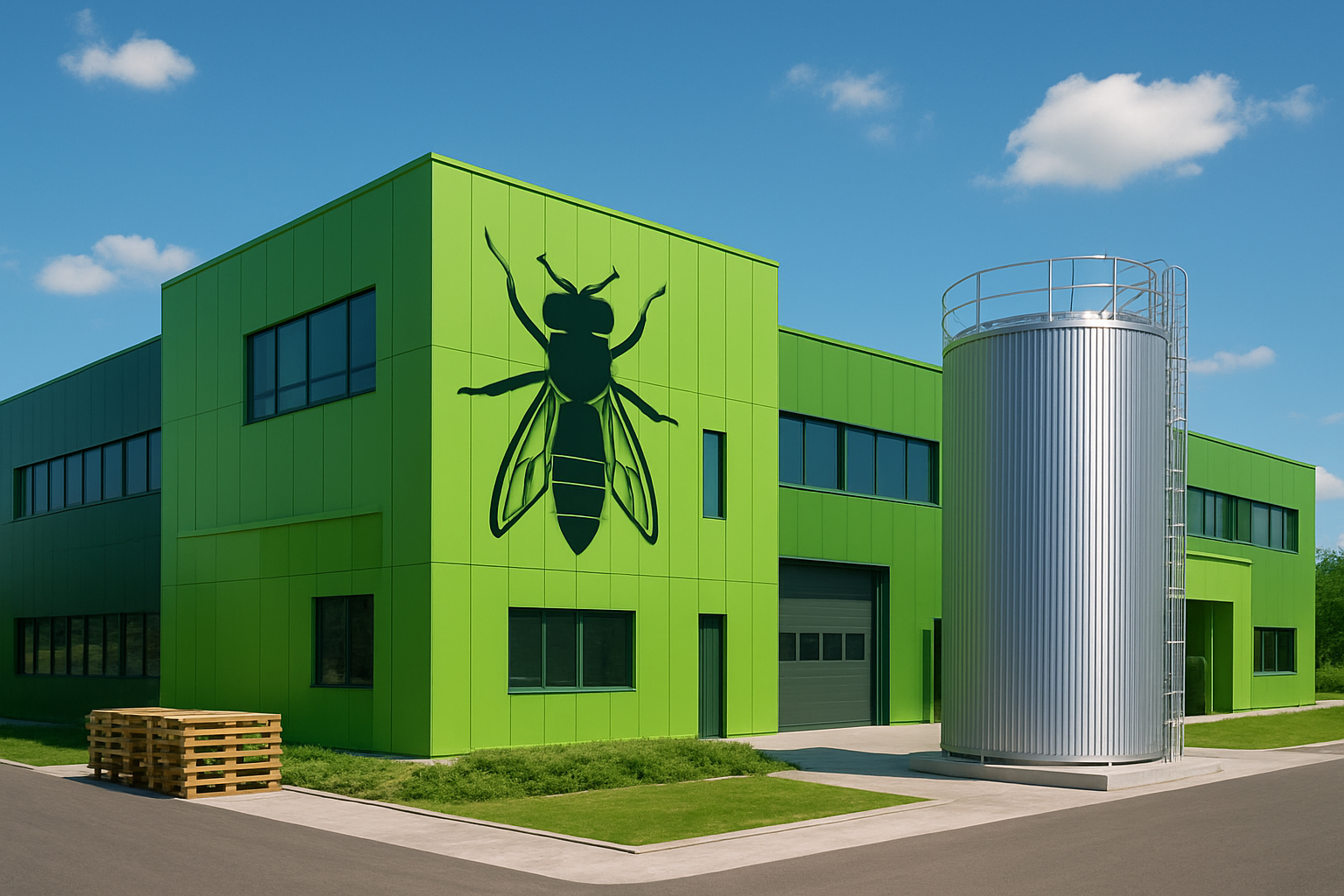 Site industriel moderne de production de proteines de mouche soldat noire (BSF), batiment agroalimentaire vert, halls d'elevage et de transformation d'insectes