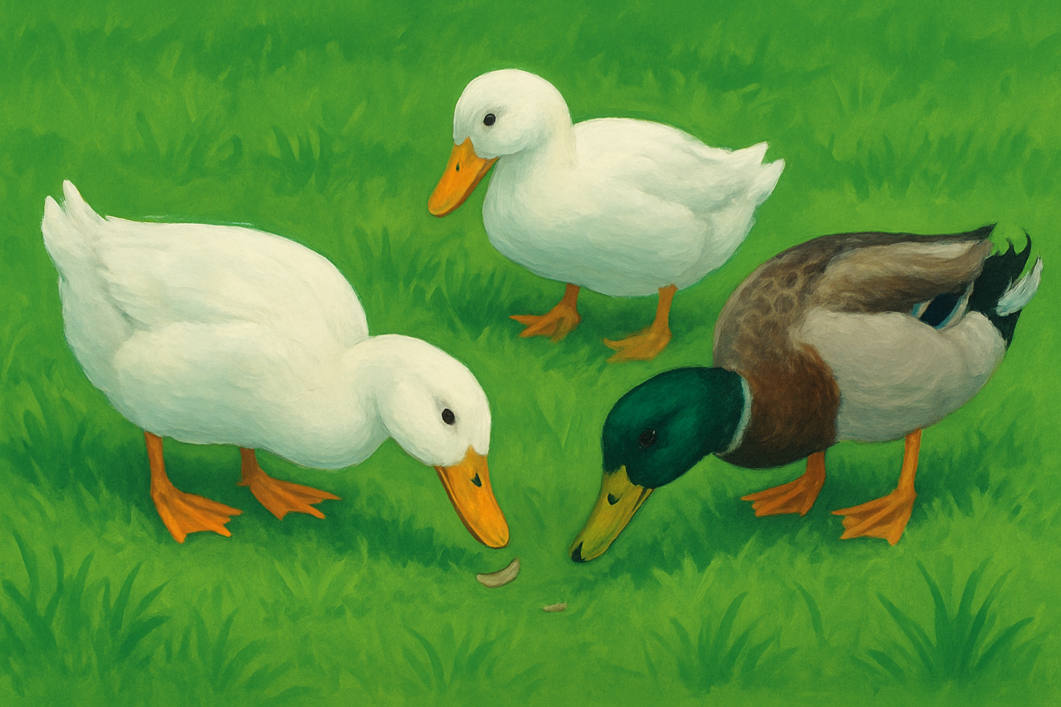 Canards de basse-cour se nourrissant de larves de mouche sur l'herbe verte pres d'un point d'eau
