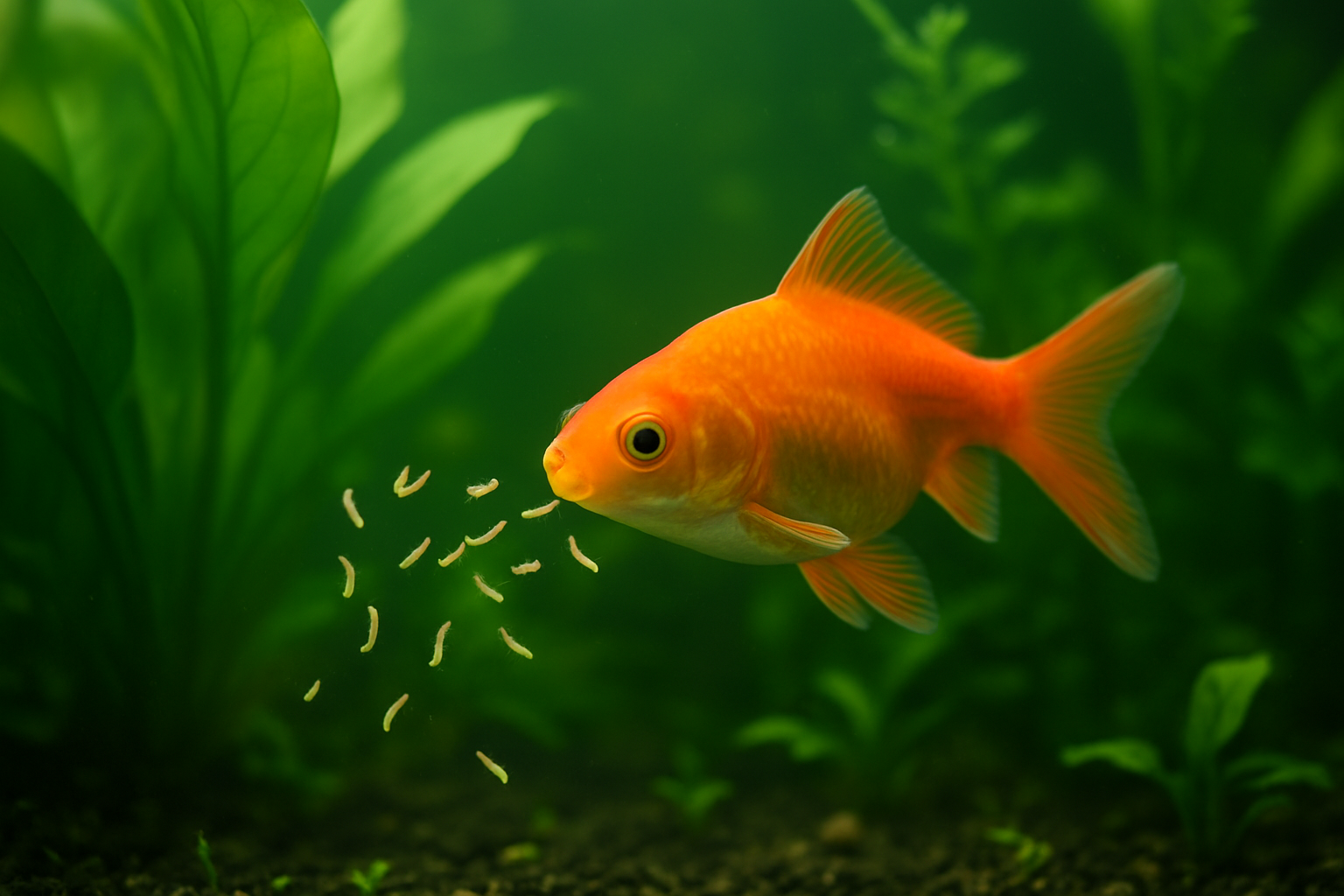 Poisson d'aquarium colore se nourrissant de larves de mouche dans un bac plante