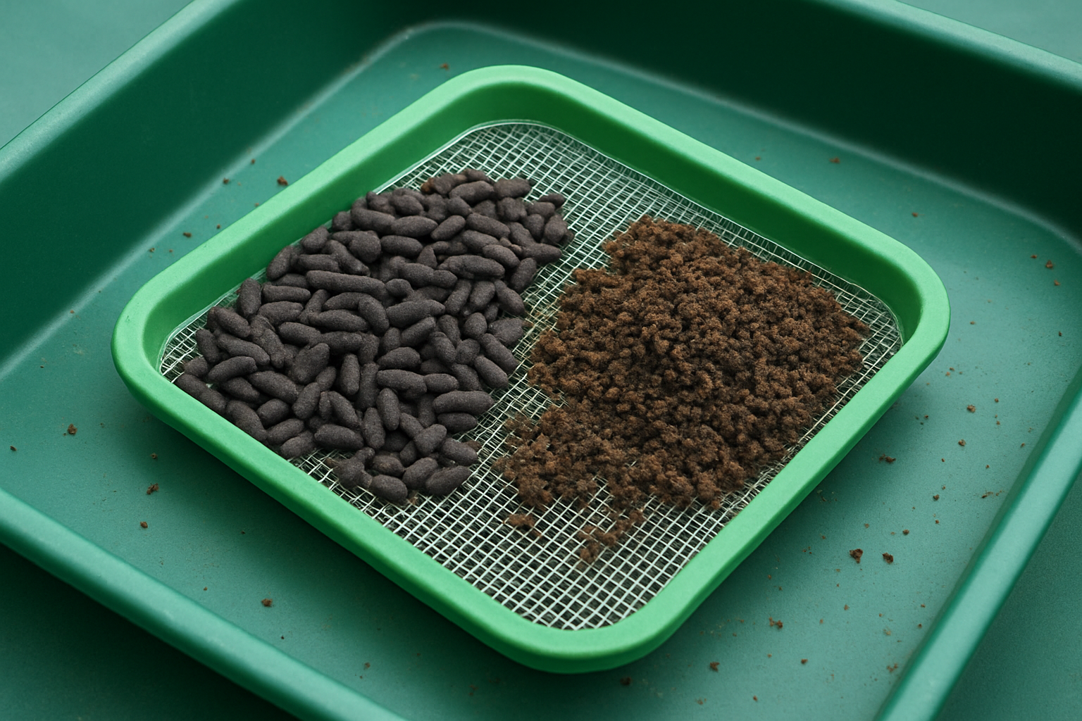 Tamisage pour separer des larves de mouche soldat noire du frass : mains tenant un tamis au-dessus d'un bac, larves claires retenues et residu brun qui tombe