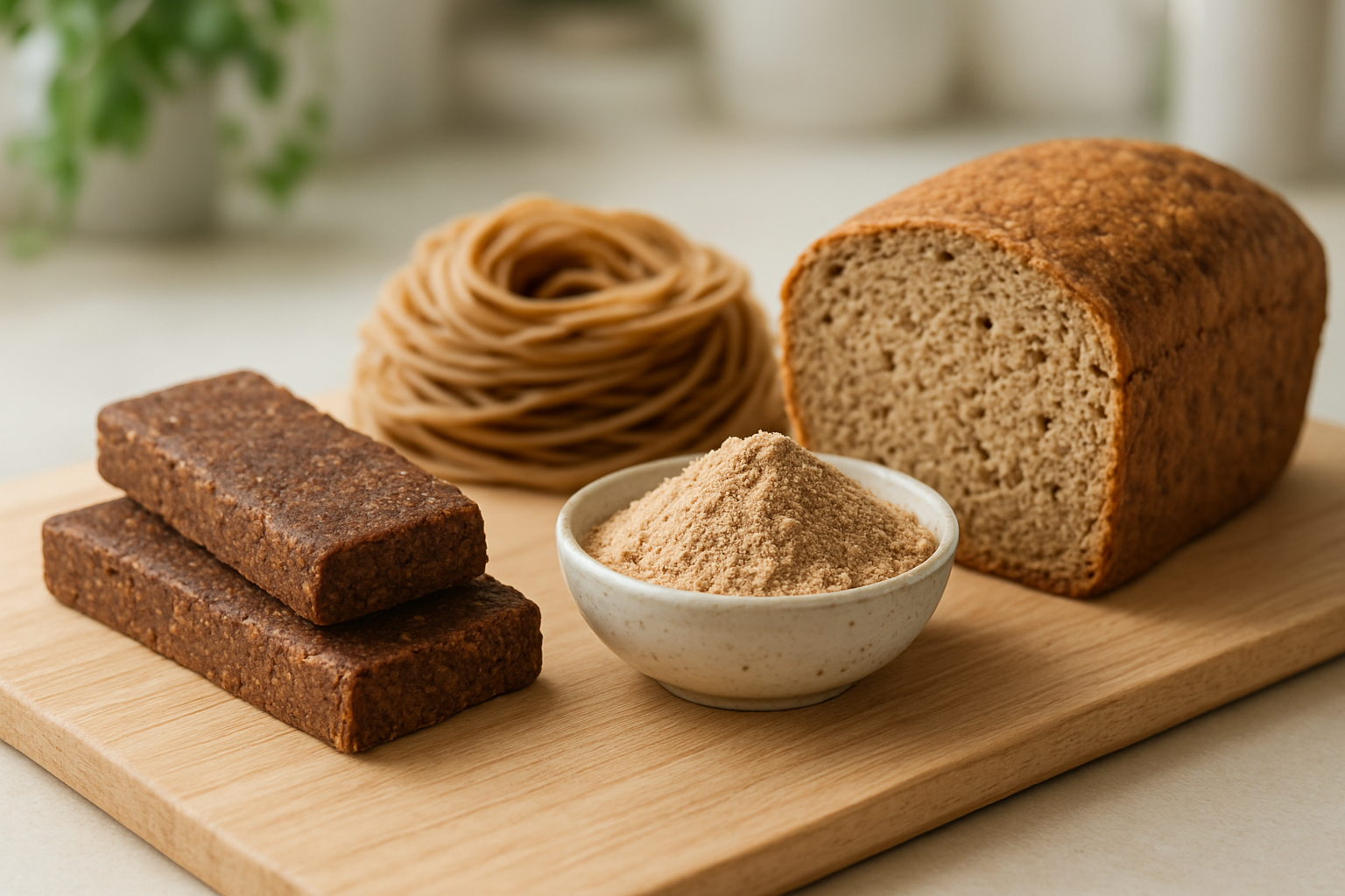 Aliments a base de farine d'insectes presentes proprement : barres proteinees, pates seches, pain et poudre proteinee sur une planche en bois clair, palette verte