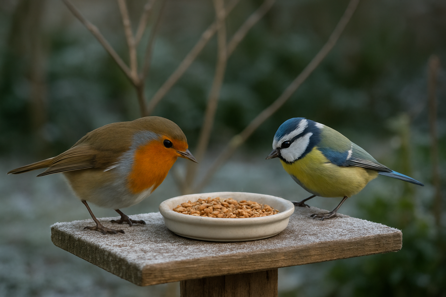Rouge-gorge et mesange bleue mangeant des larves rehydratees sur une mangeoire de jardin en hiver