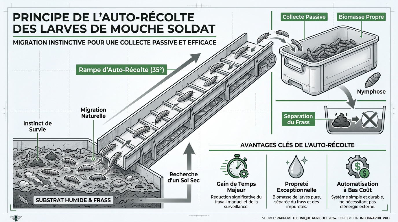 Schéma du principe d'auto-récolte des larves de mouche soldat noire avec rampe inclinée
