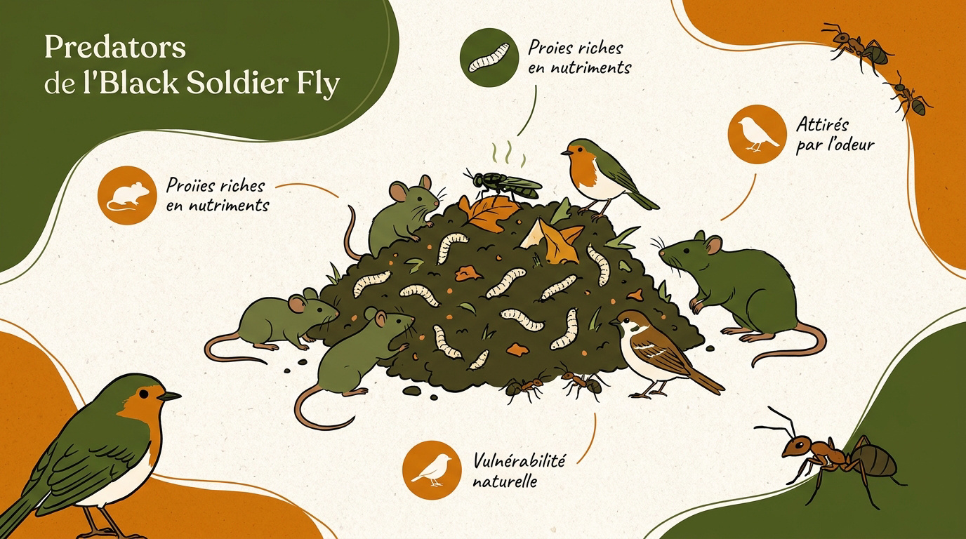 Illustration des prédateurs naturels et de l'écologie de la mouche soldat noire dans son habitat