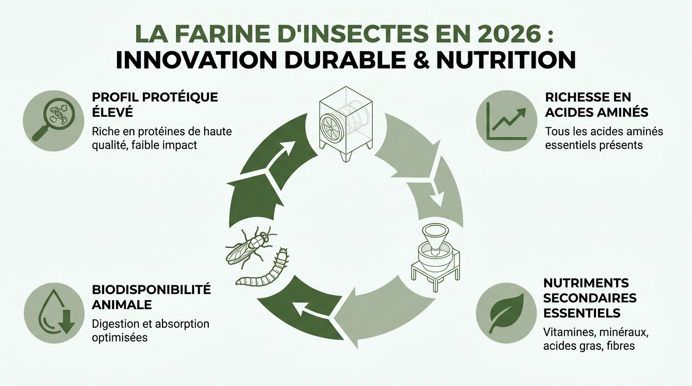 Farine d'insectes issue de larves séchées et broyées pour l'alimentation animale