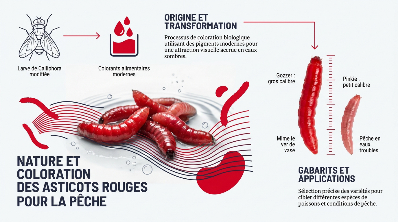 Asticots rouges et colorés utilisés comme appâts de pêche pour attirer les poissons blancs