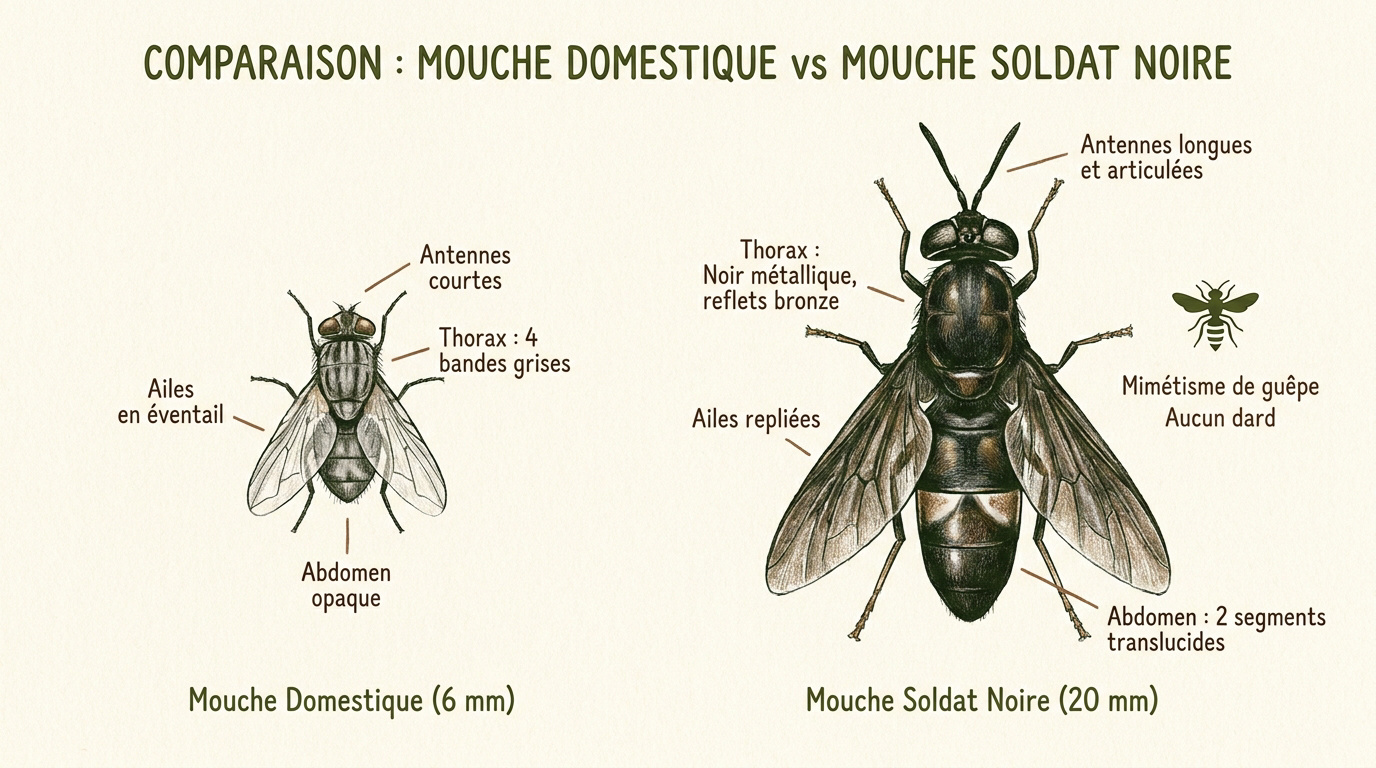 Comparaison visuelle entre une mouche domestique grise et une mouche soldat noire métallique