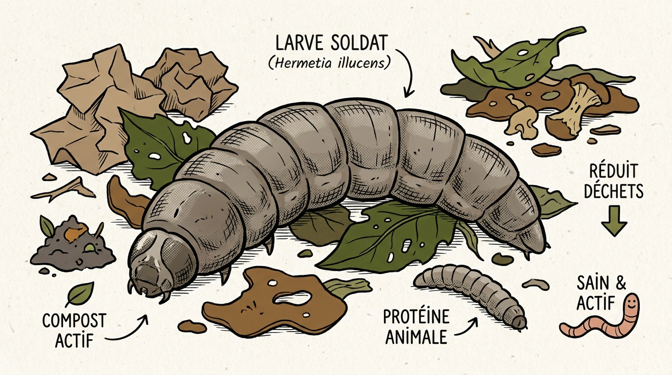 Larves de mouche soldat noire actives dans un composteur organique