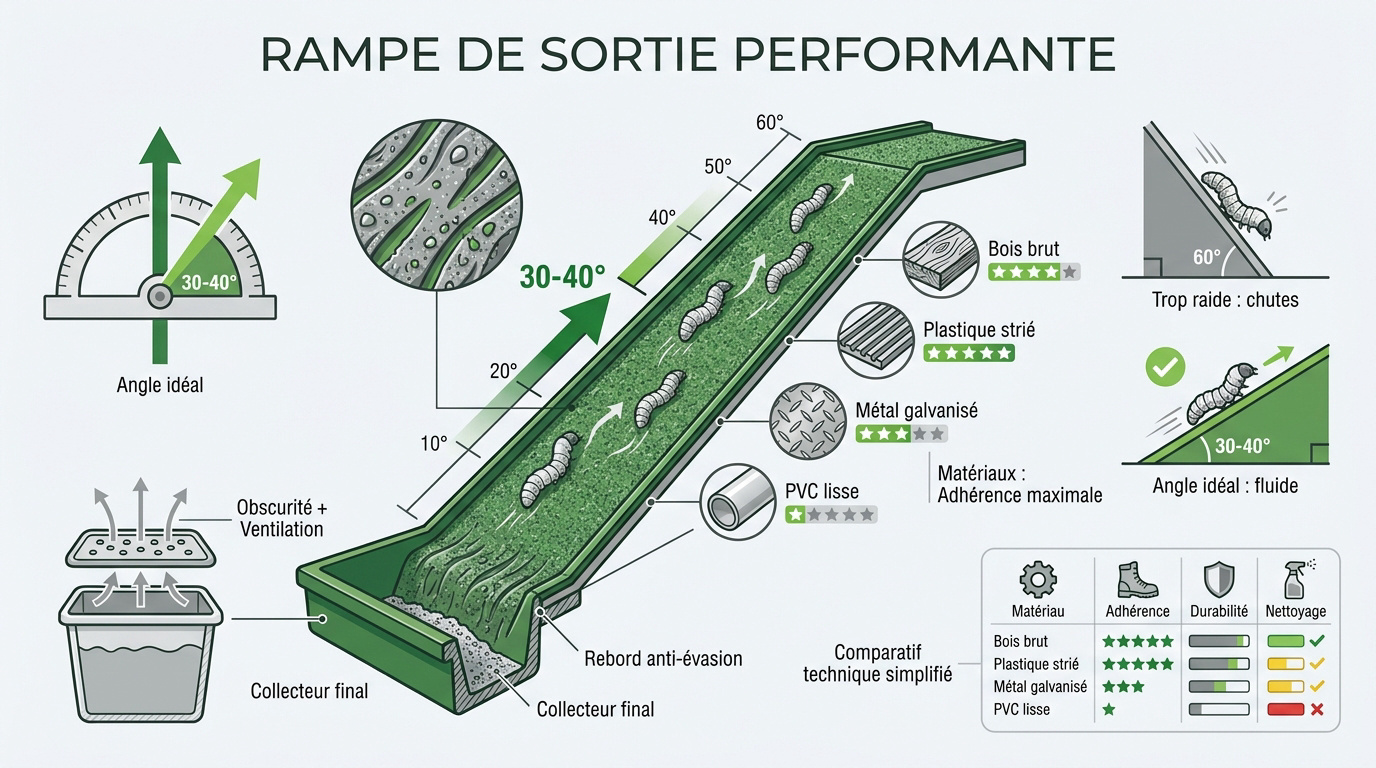 Schéma technique d'une rampe d'auto-récolte pour larves de mouche soldat noire avec angle optimal