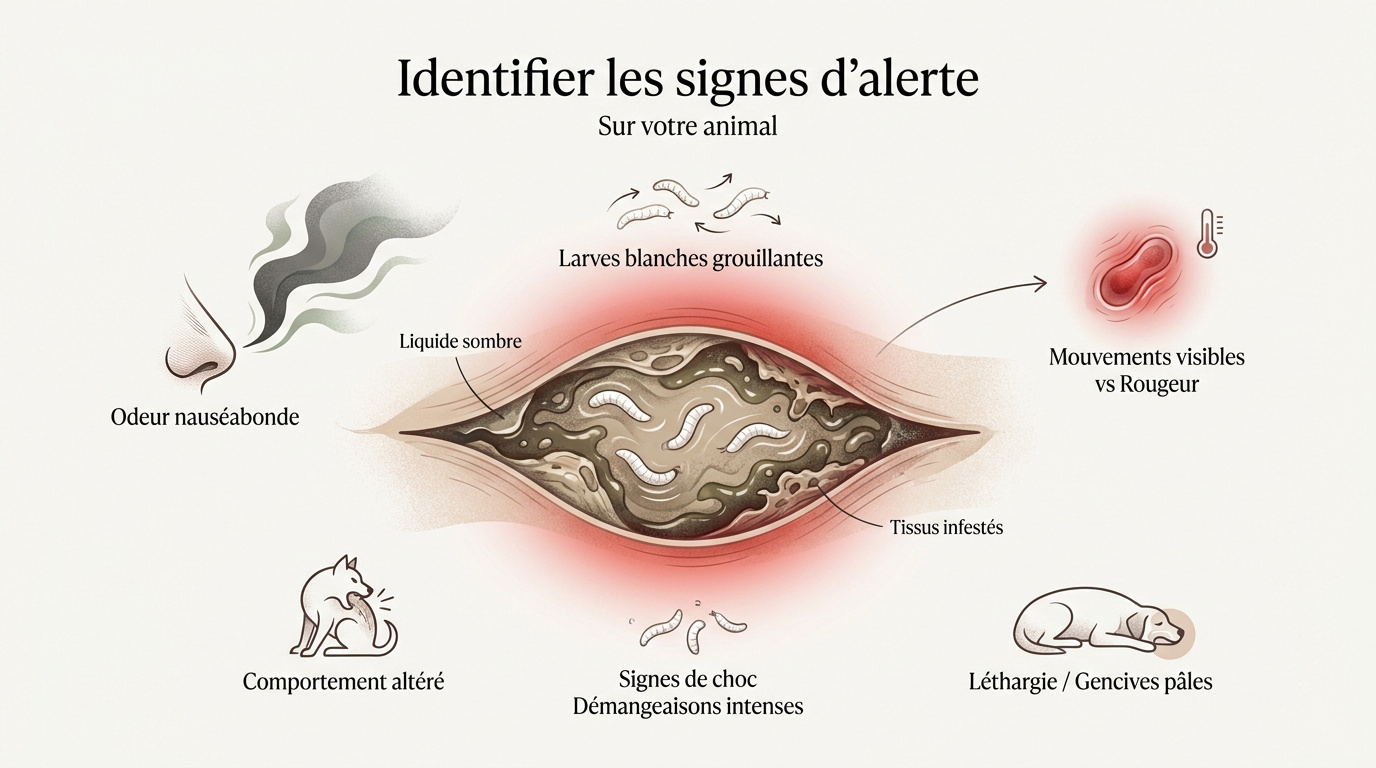 Examen attentif du pelage d'un chien pour détecter des signes de myiase