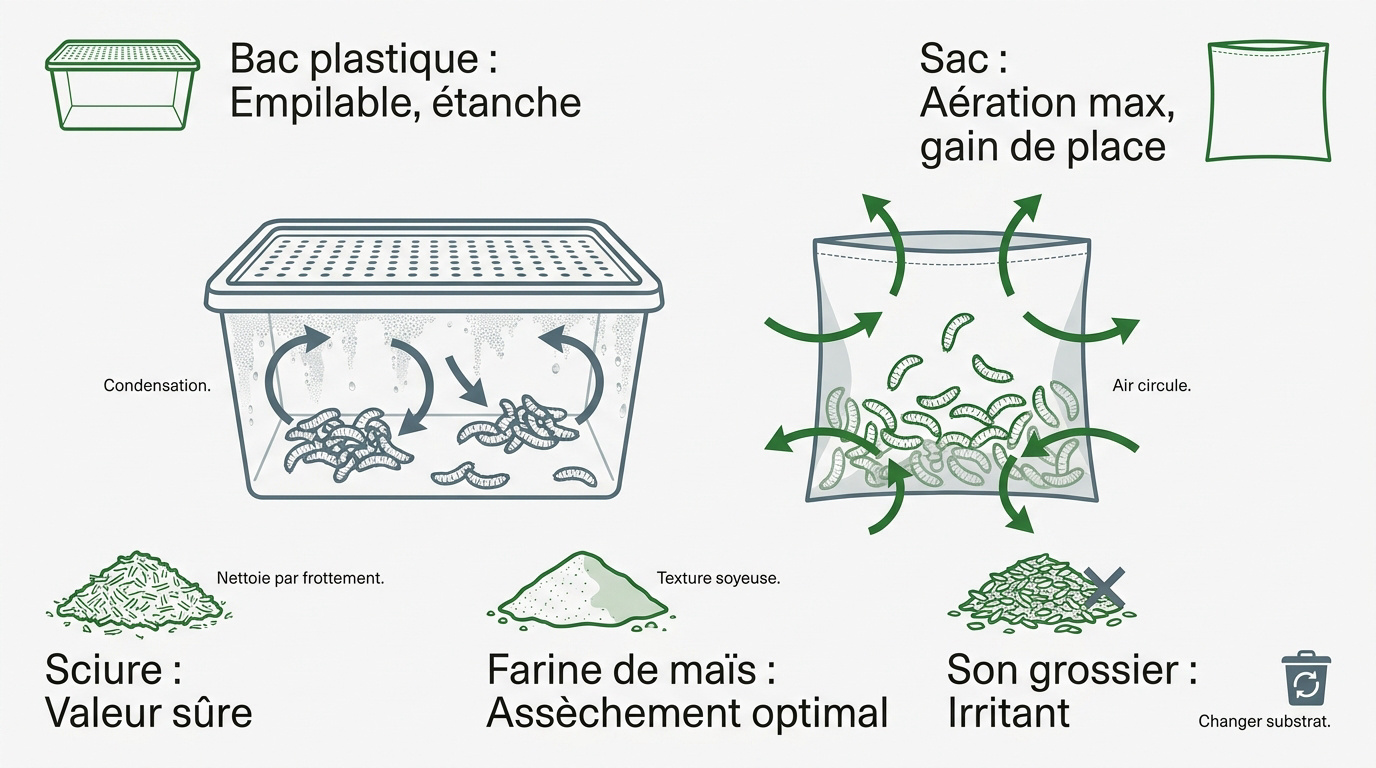 Comparaison entre boîte en plastique ventilée et sac à asticots en tissu pour la pêche