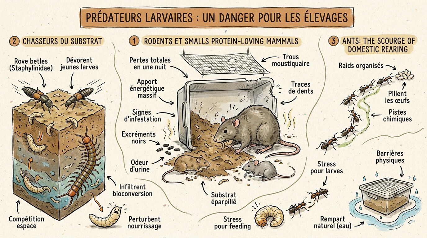 Prédateurs et rongeurs attaquant un élevage de larves de mouches soldats noires