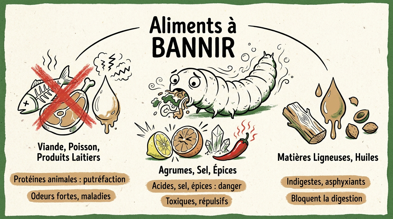 Illustration des déchets interdits pour les larves de mouche soldat noire comme la viande et les agrumes