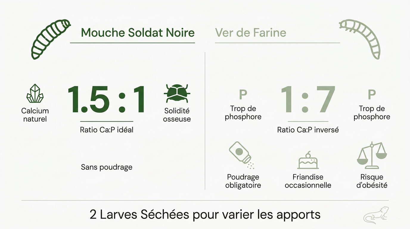 Comparaison nutritionnelle entre larves de mouche soldat noire et vers de farine pour reptiles