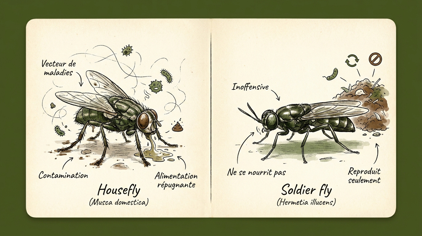 Comparaison visuelle entre la mouche domestique grise et la mouche soldat noire métallique