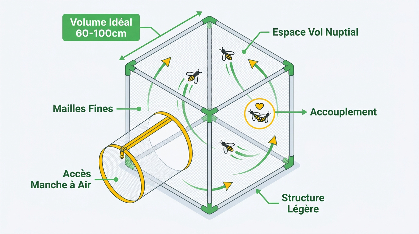 Structure d'une cage de reproduction pour mouches soldat noires avec moustiquaire et cadre en bois