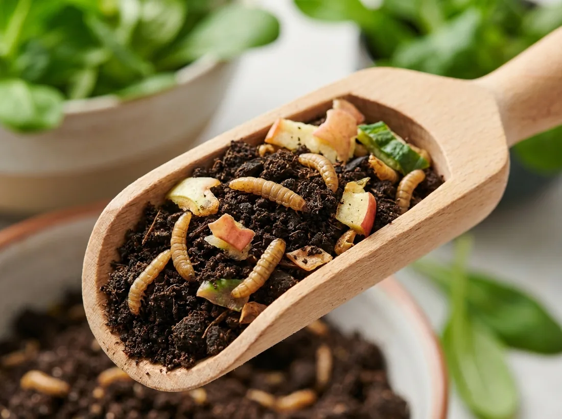 Larves de mouche soldat noire transformant des biodéchets en compost et protéine