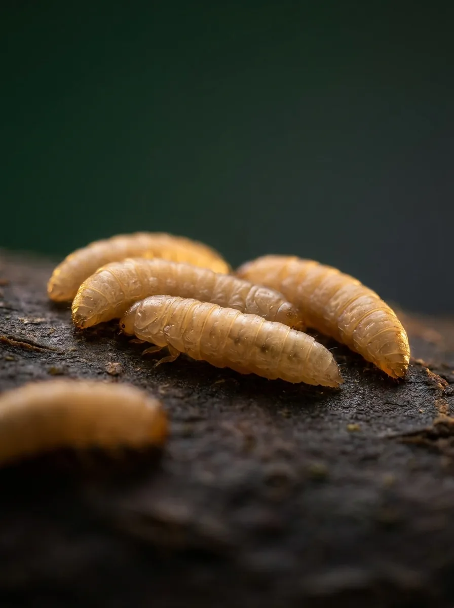 Larves de mouche soldat noire en gros plan, macro éditoriale